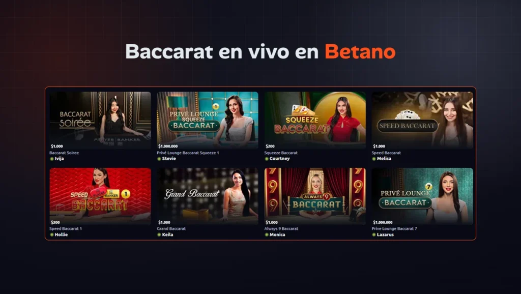 Juegos de baccarat en vivo disponibles en Betano Casino