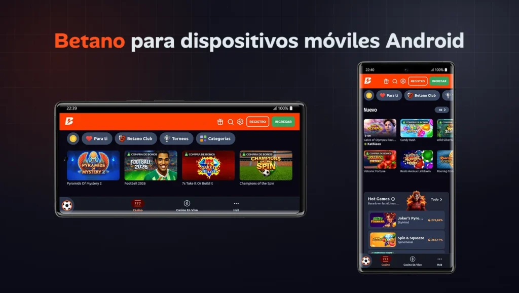 Betano para dispositivos Android con interfaz de casino móvil