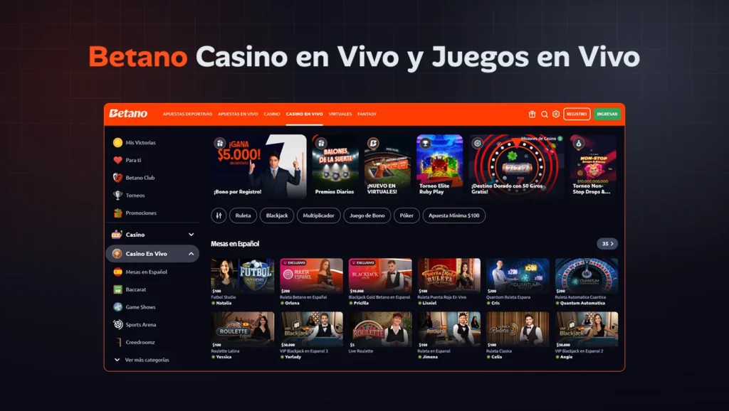 Vista de Betano Casino en vivo con juegos de crupier real