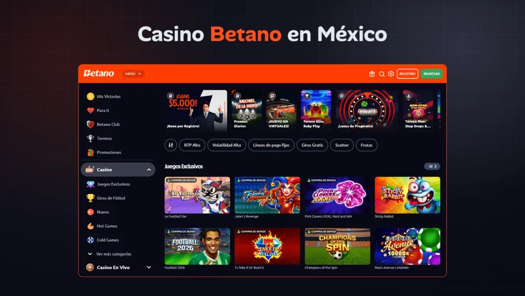 Vista del Casino Betano en México con juegos destacados
